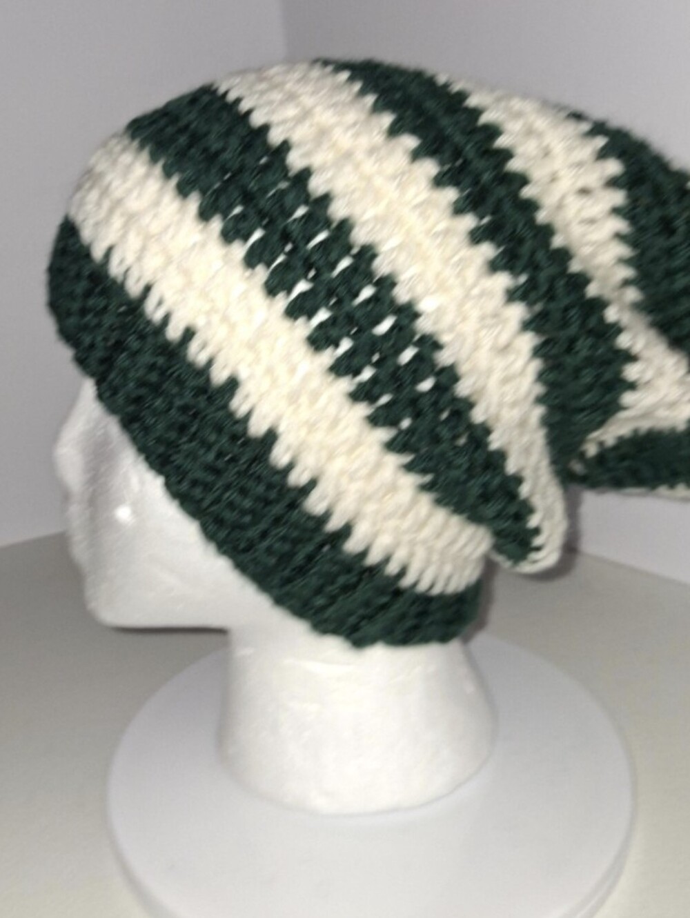 Beanie Slouchy Cap XL Dark Green And Off White Striped Crocheted Handmade